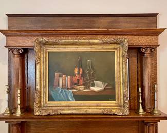 ORIGINAL PAINTING BY ROSALINDA FRERS, BRASS CANDLESTICKS