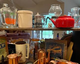 COPPER TEAPOTS AND KETTLES, ENAMELWARE, ORANGE JUICE FRUIT PITCHER