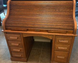 THIS LOVELY ANTIQUE SOLID  WOOD ROLL TOP DESK WILL BE OFFERED AS AN OFF SITE ITEM.  IT IS IN ORIGINAL & EXCELLENT CONDITION. DIMENSIONS ARE 50”LONG, 49” TALL, & 30” WIDE