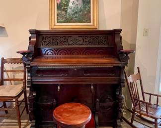 ANTIQUE PUMP ORGAN, ANTIQUE SWIVEL PIANO STOOL WITH GLASS FEET, ORIGINAL PAINTING BY ROSALINDA FRERS