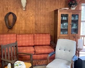 VINTAGE RUSTIC FARMHOUSE SOFA, VINTAGE PLATFORM ROCKER, ANTIQUE CUPBOARD