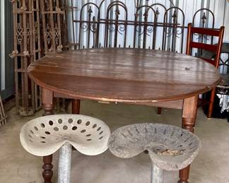 ANTIQUE TRACTOR SEAT STOOLS, VINTAGE DROP LEAF TABLE