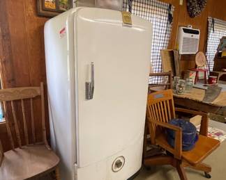 VINTAGE FRIGIDAIRE REFRIGERATOR, SWIVEL OAK DESK CHAIR