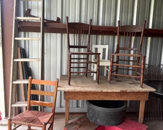 OLD FARMHOUSE TABLE AND CHAIRS, LADDER