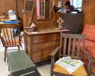 MISSION STYLE ROCKER, ANTIQUE OAK DRESSER WITH MIRROR
