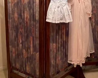 ANTIQUE WOOD SCREEN, VINTAGE GOWN