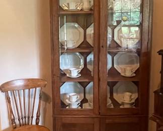 ANTIQUE OAK CHINA HUTCH, ANTIQUE VICTORIAN HIGH BACK PIANO STOOL WITH GLASS FEET