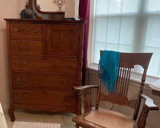 ANTIQUE OAK HIGHBOY DRESSER WITH MIRROR, ANTIQUE ROCKING CHAIR