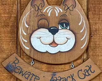 VINTAGE “BEWARE ATTACK CAT” WOODEN SIGN