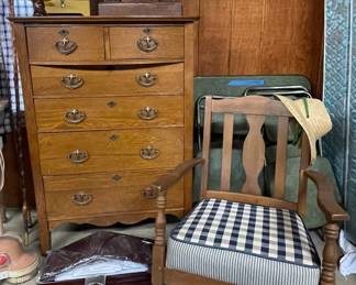 VINTAGE OAK TALLBOY DRESSER, ANTIQUE SOLID WOOD ROCKER