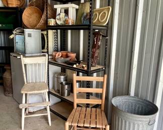 VINTAGE WOOD CHAIRS, SHELVING, TRASH CAN