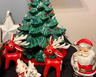VINTAGE HANDMADE CERAMIC LIGHT-UP CHRISTMAS TREE, VINTAGE VINYL DEER FIGURINES