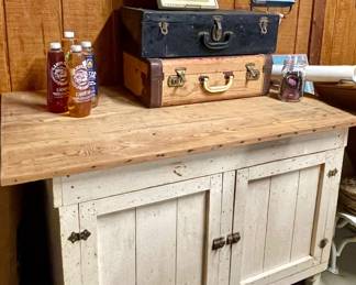 PRIMITIVE WOOD CABINET, VINTAGE SUITCASES
