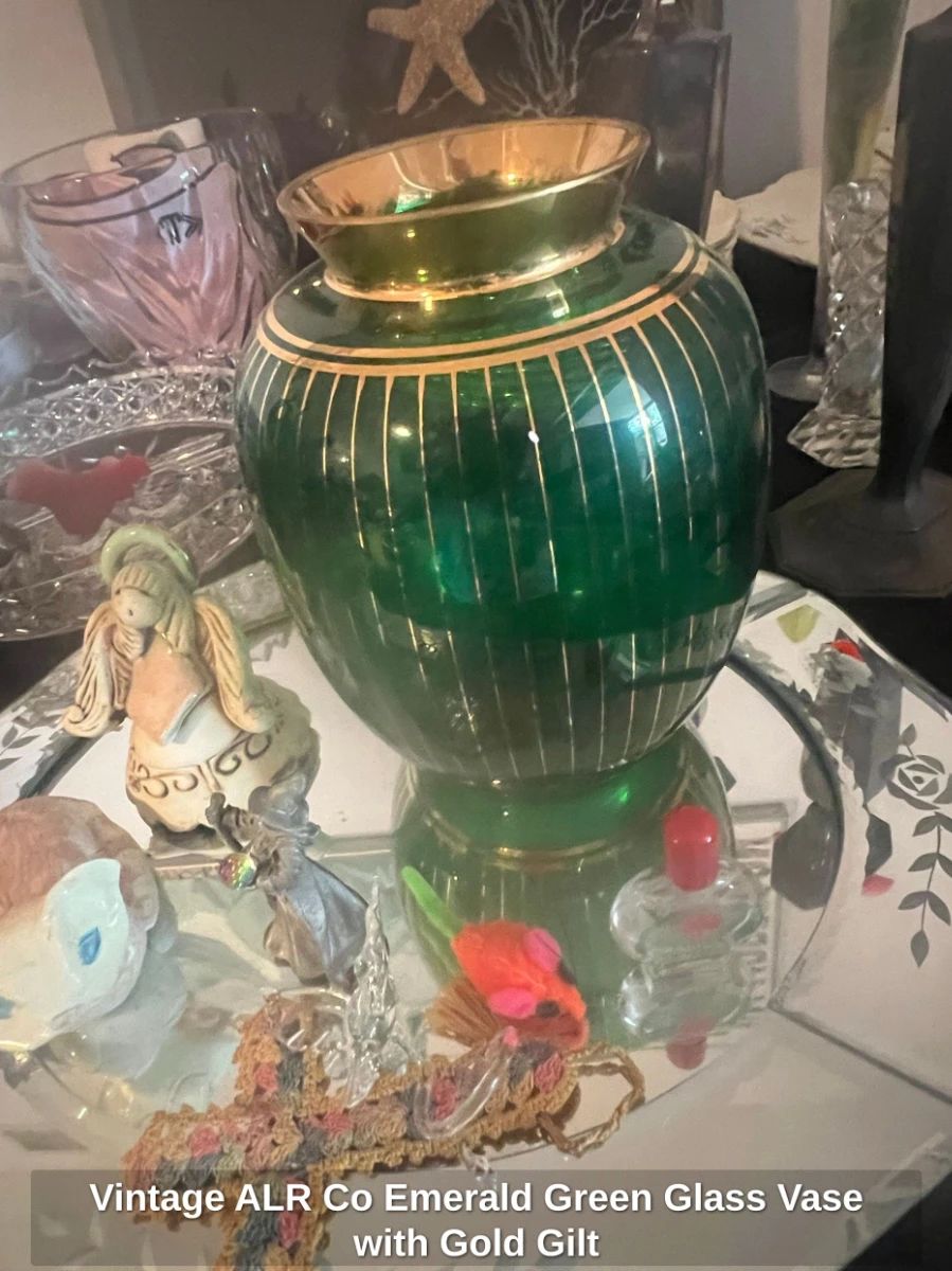 Vintage ALR Co Emerald Green Glass Vase with Gold Gilt