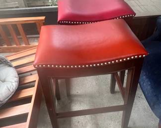Set of Red Saddle Seat Bar Stools with Nailhead Trim