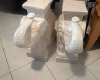Pair of Hollywood Regency White Ceramic Elephant Garden Stools