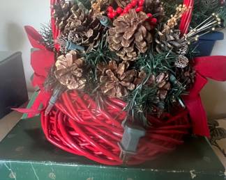 Christmas Basket with Pinecones and Lights
