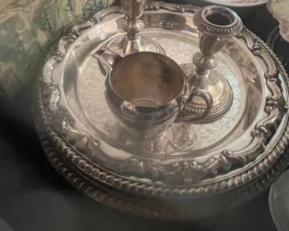 Silver Plated Candlestick and Creamer Set on Tray