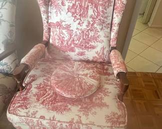 French Provincial Toile Wingback Armchair with Round Cushion