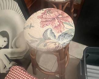 Rattan Bar Stool with Floral Upholstery