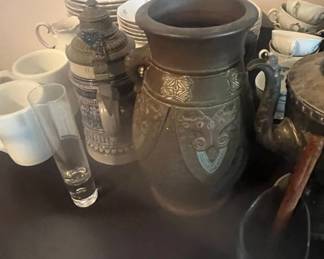 Vintage German Pewter Beer Stein and Earthenware Pitcher Set