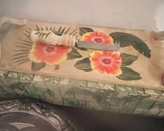 Vintage Ceramic Cheese Server with Hibiscus and Palm Leaf Design and WoodenHandled Knife