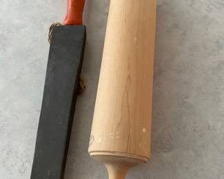 Vintage Carborundum brand sharpening stone and a Whetstone Woodenware rolling pin