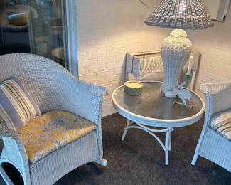 Lloyd Flanders all season wicker rocking chair and round coffee table with glass top