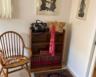 Pair of Asian artwork, bookcase, hardwood Windsor armchair 