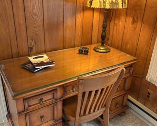 Hardwood desk and chair, and brass table lamp 