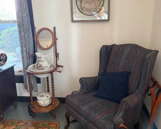 Wingback chair, washstand 
