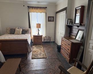 Full size sleigh bed, bedding, curtains 