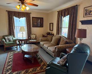 Curtains, sofa, wingback chair etc