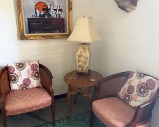 Matching cane chairs , oriental lamp 