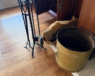 Fireplace tools, leather log bag, brass pot