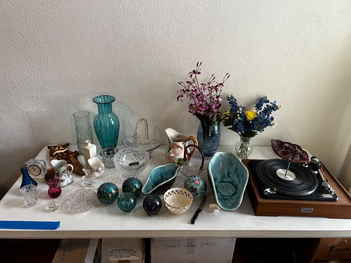 Vintage turntable, Lenox, Waterford, crystal, vase, wood art, vintage, wood rose