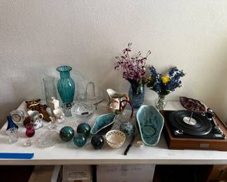 Vintage turntable, Lenox, Waterford, crystal, vase, wood art, vintage, wood rose