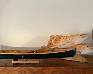 fish carving trout wood sculpture, canoe model