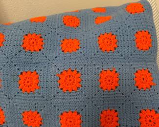 Vintage handmade crochet blanket with blue and orange granny squares