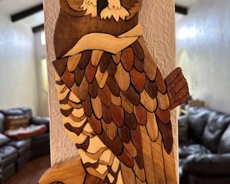 Handcrafted wooden intarsia Great Horned Owl wall decor