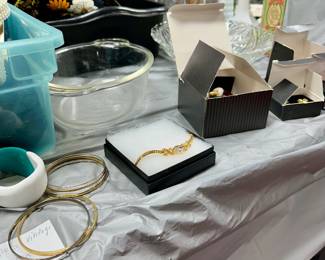 Tons more jewelry added since this picture ART Deco some jewelry is from the 30s hoops from the 70s some is gold plated but no gold other than 10 kt with huge amethyst stones earrings I didn’t put out-I will sell them for $200 DeVries appraised them for $495 let me know if you want them they aren’t in the sale