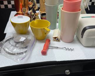 70s and earlier kitchen ware old Polaroid camera copper vase