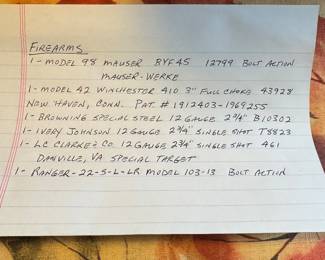 Listing of vintage firearms 