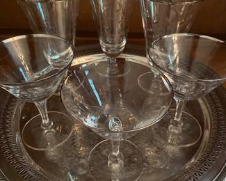 Vintage Fostoria glasses, silverplate tray 