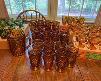 Vintage amber & olive glasses and pitcher