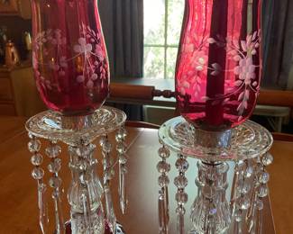 Pair of two etched crystal clusters, 16 1/2" tall