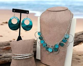 Turquoise Statement Jewelry Set  Silver Circle Necklace, Drop Earrings  Layered Bangle Bracelets