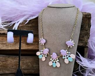 Pastel Statement Bib Necklace  Lavender Hoop Earrings