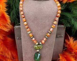 Earthy Gemstone Necklace  Carnelian Beaded Necklace with Green Stone Pendant