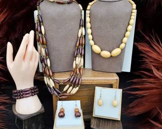Wood Necklace  Earrings  2 Sets